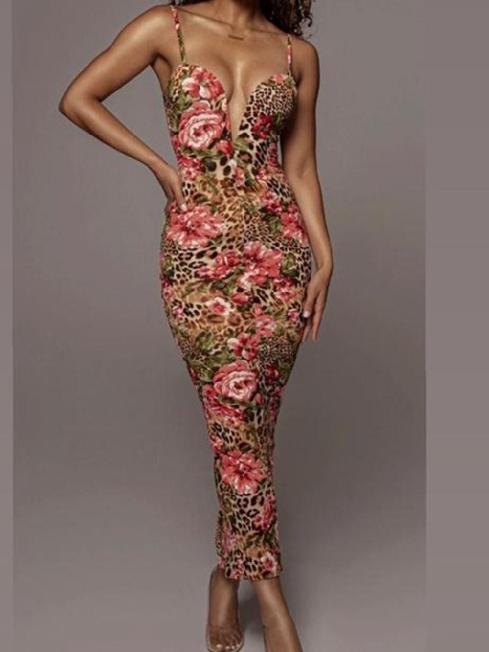 JLUXLABEL Floral & Leopard Animal Print Plunge Bodycon Dress
